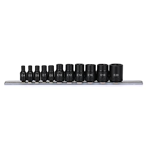 EMENTOL 11PCS E-Torx Socket Set with Rail, CR-V, 1/4" and 3/8" Drive, Female External Torx Star Socket Set, E4 - E20