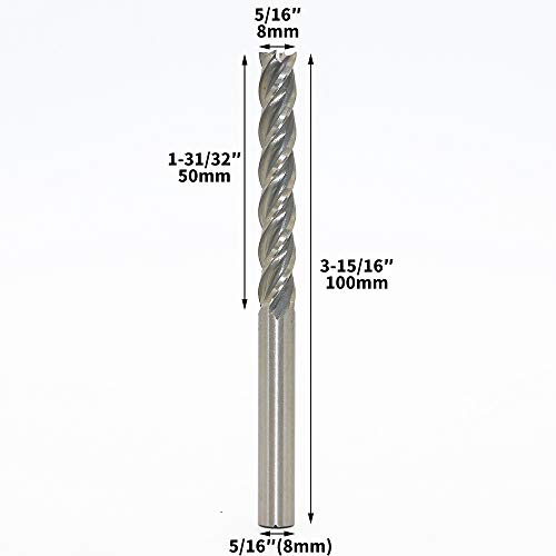 5/16" HSS End Mill 8mm Cutting Dia 8MM Shank Dia Extra Long Straight Shank End Mill Bit, 4 Flute High Speed Steel Milling Cutter for Wood, Steel, Aluminum, Titanium, Foam, Total length 100mm