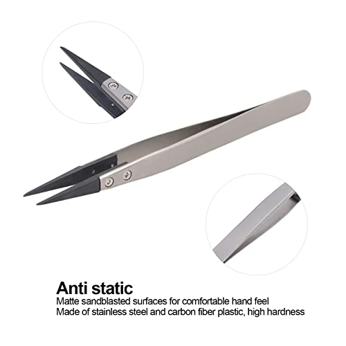 1 pcs Anti Static Tweezers, Pointed Tip Tweezers with Stainless Steel Body and Carbon Fiber Plastic Head, for Emiconductor Microelectronics