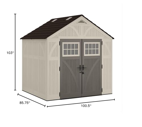 Suncast 8' x 7' Heavy-Duty Resin Tremont Storage Shed with Reinforced Floor, Skylights for Natural Light, Lockable Double Doors, Cream, Made in the USA