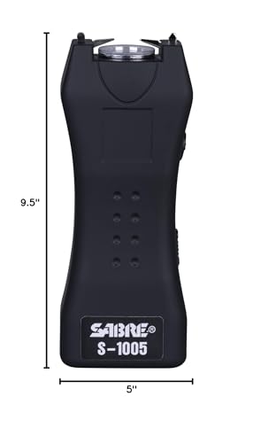 SABRE Stun Gun with Flashlight and Belt Holster, Emits 1.60 Powerful Pain Inducing Microcoulombs (µC) Charge, 120 Lumen LED Flashlight, Rubberized Grip, Compact Design, Rechargeable