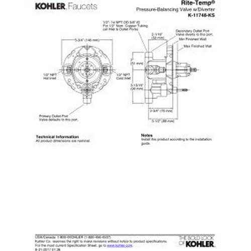 KOHLER 11748-KS-NA Rite-Temp 1/2" Pressure-Balancing Valve with Push-Button Diverter and Screwdriver Stops, For Showerheads and Handshowers