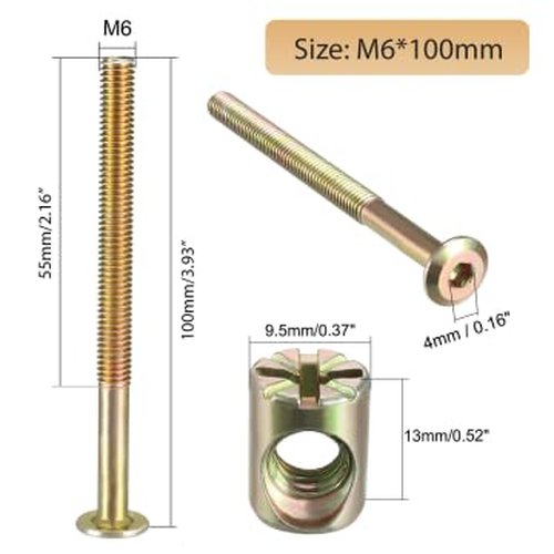 10 Pack M6 X 100mm Barrel Bolt Nuts, Chazcool Cross Dowel Set for Furniture Cots Beds Chair Crib Spare Connector Parts(100mm)