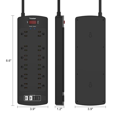 Teiobar 6 Ft Surge Protector Power Strip with 12 Outlets & 4 USB Ports - Black, 2700 Joules