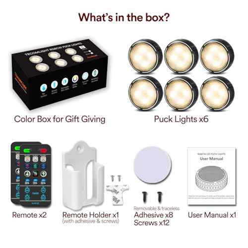 LED Puck Lights with Remote Control, Battery Operated Wireless Closet Light, Under Cabinet Lighting Stick on Tap Push Lights, Color Changing Under Counter Light for Kitchen, 6 Pack - Black