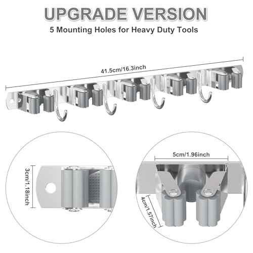 Broom Holder Wall Mount, Broom Organizer Wall Mount Stainless Steel Broom and Mop Hanger Heavy Duty Storage Organization for Home Kitchen Garden Garage Room 5 Racks 4 Hooks