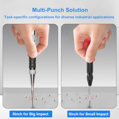 3PCS 6" and 5" Automatic Center Punch with 3PCS Replacement Tip, Adjustable Spring Loaded Center Punch, Center Hole Punch Tool for Wood, Metal, Plastic, Stone and Glass