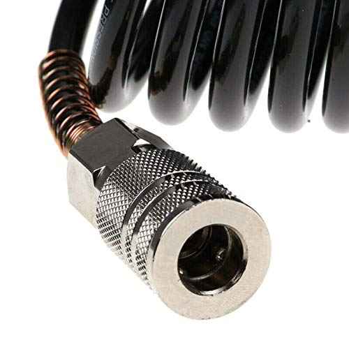 25ft Air Compressor Hose with Bend Restrictor and 1/4 Quick Coupler - Coiled Flexible Air Hose with Solid Copper Connectors