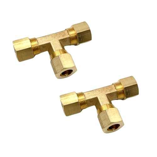 2 Pcs 3/8" Compression Tee, 3/8" OD x 3/8" OD x 3/8" OD Copper Tubing Fittings 90 Degree Brass T Tube Fitting for Gas Line, Oil Pressure Gauges and Air Compressor