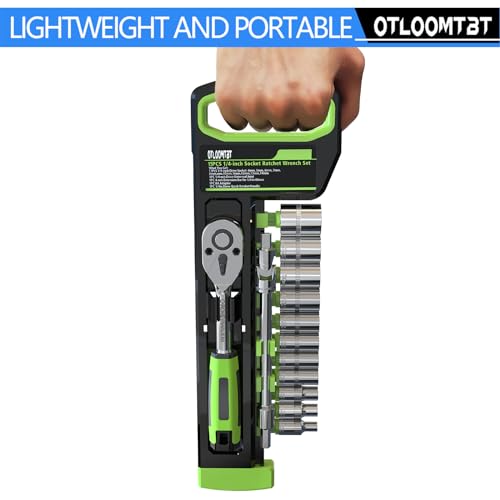 15pcs 1/4 Inch Drive Ratchet Socket Wrench Set, with Metric 4-14mm and Front and Rear Quick Released Ratchet Handle and Extension Bar Universal Joint Hand Drill Adapter, Portable Organizer