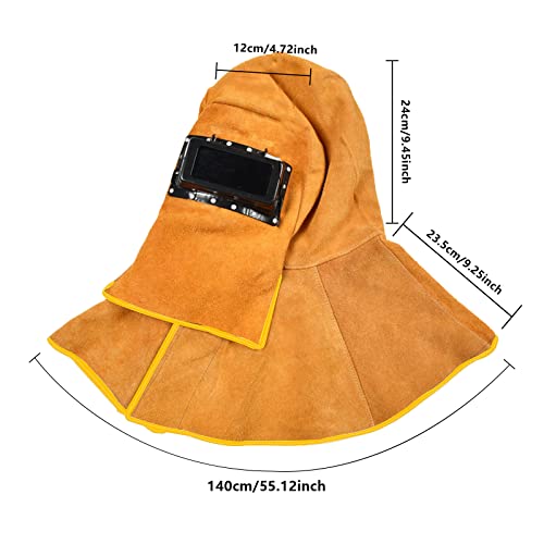Cowhide Leather Welder Hood Welding Helmet Protective Gear Mask Work Cap with Neck Shoulder Drape,Solar Auto Darkening Filter Lens