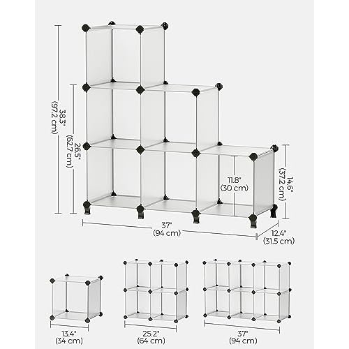 SONGMICS 6 Cube Storage Organizer, DIY Closet Shelf, Plastic Clothes Organizer, Modular Bookcase, 11.8 x 11.8 x 11.8 Inch Cubes, with Feet and Rubber Mallet, White ULPC06W