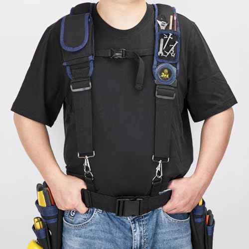 Tool Belt Suspenders for Men, Adjustable Padded Carpenter Tool Belt with Magnetic WristBand Multifunctional Pouch Pocket for Construction Workers (Black)