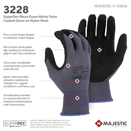 Majestic SuperDex Micro Foam Nitrile Palm Coated Glove on Nylon Shell | 12 Pairs - LG | 15 Gauge Liner, Lightweight Comfort, Breathable, Gray/Black | for Automotive, Industrial, Manufacturing | 3228
