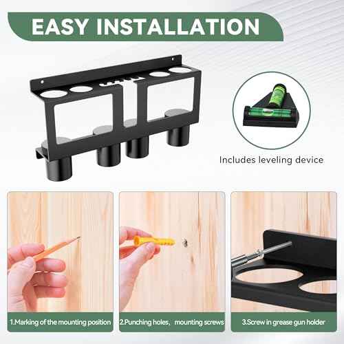 Grease Gun Holder,Grease Gun Rack Wall Mount Compatible with 2 Grease Guns,Grease Gun Storage with Removable Drip Cups &Spare Grease Tube Holder for Workshop, Garage