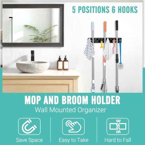 Broom and Mop Holder, Wall Mounted Organizer Mop and Broom Storage Tool Rack with 5 Ball Slots and 6 Hooks (1Pack)