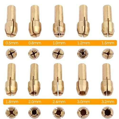 Drilax 10 Pcs Brass Collet Set Compatible with Dremel Rotary Tools | 0.5mm to 3.2mm (1/8") Bit Sizes | 5/32" Shank Compatible | Improved Precision Chuck