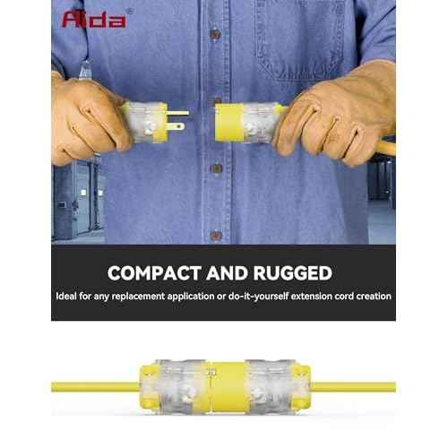AIDA Lighted Plug and Connector Set, Straight Blade Cord End Replacement, 15 Amp 125Volt, NEMA 5-15P & NEMA 5-15R, 2 Pole 3Wire Grounding, Yellow, 5 Set