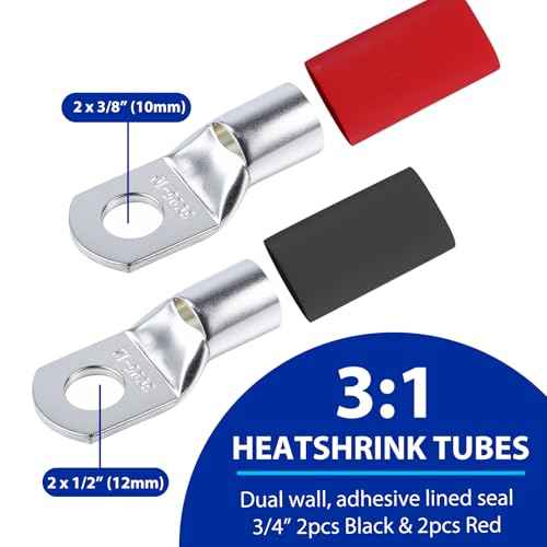 1/0 Gauge Car Battery Cable Kit - 5.5 Feet Each, Black & Red - Copper Clad Aluminum Wire with Lugs & Tubes - Vehicle, Truck, RV, Solar Power Welding Cables