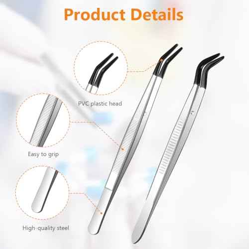 Ainiv 4pcs Tweezers with Rubber Tips, PVC Coated Tweezers Set, Rubber Straight/Flat/Long Curved Tips Non Marring Tweezers for Jewelry Crystals Bead, Crafts Making, Lab Stainless Steel Tweezer Tool