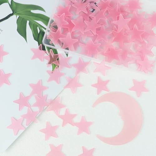 Pink Glow in The Dark Star and Moon Wall Stickers - 100 Luminous Plastic Ceiling Decor