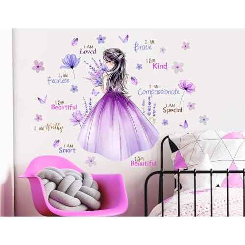 Butterfly Girl Wall Decal Flower Fairy Princess Wall Stickers Inspirational Quote Purple Lavender Floral Vinyl DIY Removable Peel and Stick Nursery Wall Decor for Kids Baby Bedroom Decoration DT-8617