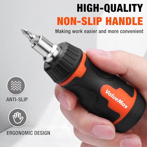 ValueMax 8-in-1 Stubby Ratcheting Screwdriver, Multi-bit Screwdriver, Quick-load Mechanism, Adjustable Magnetic Tool with Phillips, Slotted, Torx Screw Driver Bits and 1/4" Nut Driver