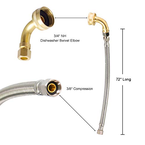 Hydro Master 72-Inch Braided Stainless Steel Dishwasher Connector with 90° Elbow, 3/8 in Comp x 3/8 in Comp