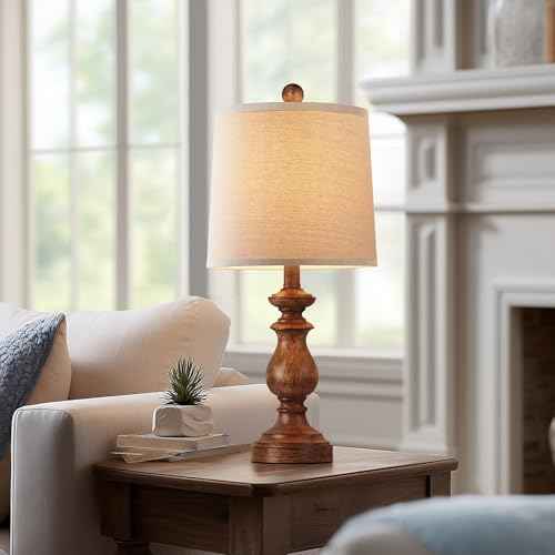PARTPHONER Traditional Table Lamp Set of 2, Rustic Farmhouse Table Lamps for Living Room Bedroom, 22" Bedside Desk Lamps Vintage Nightstand Lamps with Linen Shades, Wood Grain