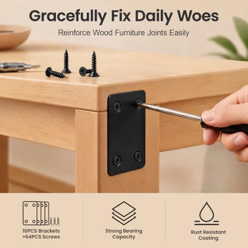 16 Pack Metal Flat Corner Brackets for Furniture & Wood Repair, Black Stainless Steel