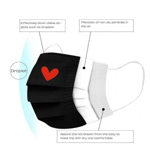 50Pcs Cute Disposable Face Masks for Adults, Black Face Masks with Pink Heart Printed 3Ply Breathable Full Face Protection
