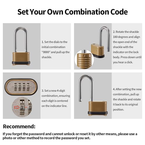 CINCINNO 4 Pack Heavy Duty Combination Padlocks with Long Shackle, Weatherproof 4-Digit Code Lock for Outdoor Security