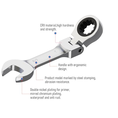 1/2 Inch Anti-slip Stubby Flex-Head Ratcheting Combination Wrench SAE 72 Teeth 12 Point Ratchet Box Ended and Open End Spanner Tools, Flexible Head Gear Wrench, Heat-Treated CR-V