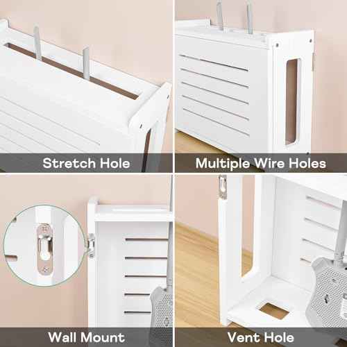 Router Shelf Wall Mount WiFi Router Storage Box Modem Cable Router Cover Organized Power Strip Cable Management Hider Rack by Solid Wood Need Assembly White