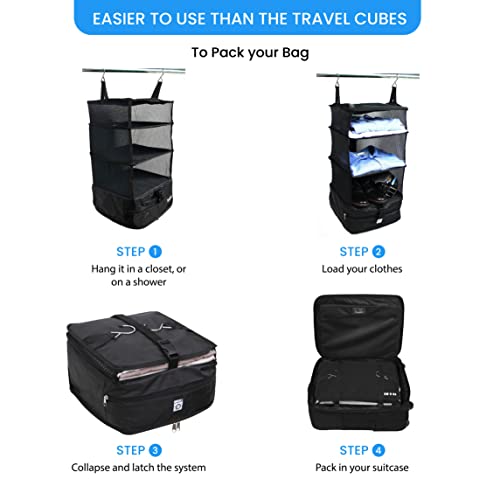 Grand Fusion Black L Hanging Travel Shelves Packing Organizer for Luggage - Expandable Suitcase Closet