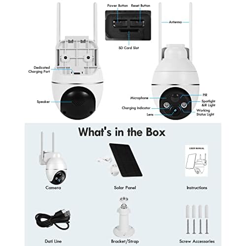 Solar Security Cameras Wireless Outdoor, 2K PTZ Solar Cameras for Home Security, 2.4G Wi-Fi Outdoor Camera Wireless with PIR, Color Night Vision, 2-Way Talk, 4dbi, Spotlight/Siren