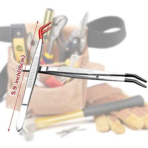 Honoson 2 Pieces Tweezers Curved Bent Tip Tweezers with Rubber Silicone Tips PVC Coated Non Marring Soft Long Rubber Stainless Steel Tools for Jewelry Crafts(Red, Black)