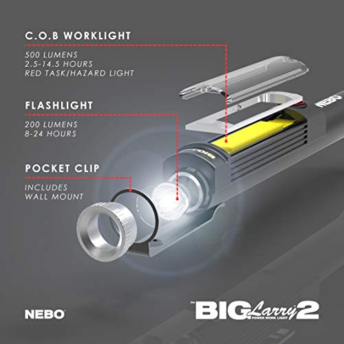 NEBO 500 Lumen Work Light: 200 Lumen Top Positioned Flashlight, Anodized Aircraft-Grade Aluminum Body; Steel Clip and Magnetic Base Provides Hands Free Operation; Powered by 3X AAA Batteries - Grey