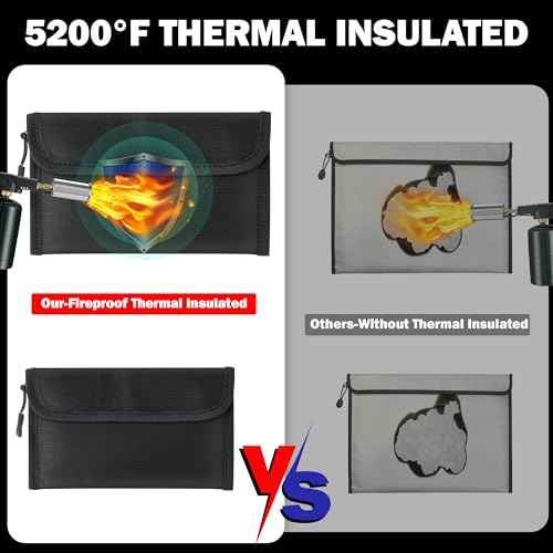 Fireproof Waterproof Document Bag - 5200¡ÆF Water Resistant Fire Proof Money Bag, 3 Layers of Heat Insulated Storage with Zipper, 7.9"x5" Portable Files Safe Pouch for Cash Passport (Black)