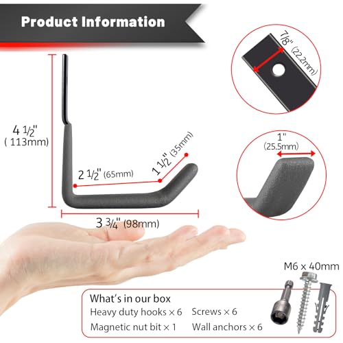 Garage Hooks for Hanging Heavy Duty, Ladder Hooks for Garage Wall Hanger, Metal J Utility Hooks, Shovel Holder Wall Mount Hooks, Garden Tool Organizer Storage for Helmet, Backpack-6Pack