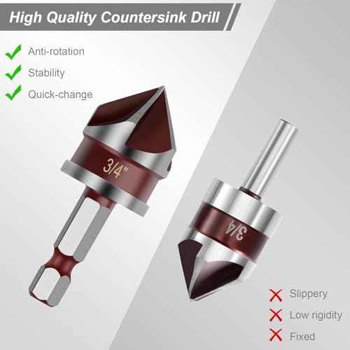 5PCS Countersink Drill Bit Set, 82 Degree HSS Counter Sink Drill Bit for Wood, Metal, Plastic, 1/4"-3/4" with 1/4" Hex Shank Countersink Bit Set