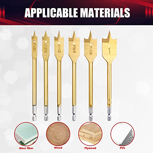 6PCS Spade Drill Bit Set Paddle Flat Bits 3/8"-1" Flat Wood Hole Cutter Fit for Most Types of Wood as Well as Fiberglass