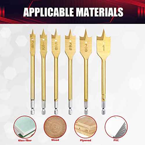 6PCS Spade Drill Bit Set Paddle Flat Bits 3/8"-1" Flat Wood Hole Cutter Fit for Most Types of Wood as Well as Fiberglass