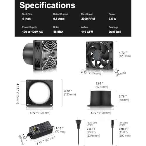GDSTIME 120mm x 38mm 12V DC Axial Fan with 4 Inch Duct Flange Variable Speed Controller, 110V 120V AC Powered, Small Air Exhaust Fume Smoke Extractor Kit for Soldering, 3D Printer Enclosure