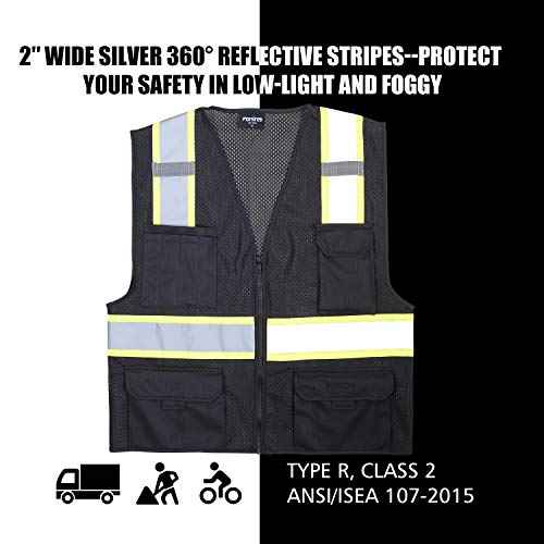 FONIRRA Safety Vest for Men High Visibility Reflective Construction Work Vest ANSI Class 2 with Pockets and Zipper(Black,XL)