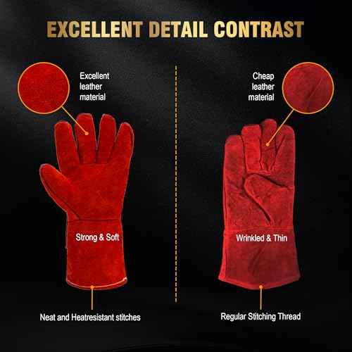 14 Inch Welding Gloves with Soft Fleece Lined Palm, 932¢µ Heat/Fire Resistant Leather For Mig,Tig,Stick,BBQ,Fireplace