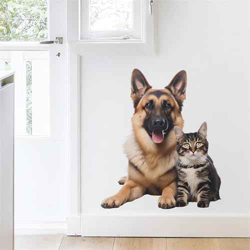 Cozy German Shepherd Tabby Wall Stickers, sacinora Cute Kitten Dog Cat House Pet Wall Decals Removable Vinyl Peel and Stick for Pet House Living Room Bedroom Nursery Art Home Decorations