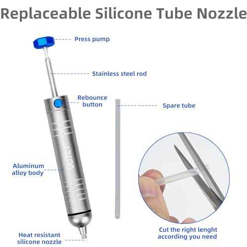 Solder Sucker No Clog Desoldering Pump for Solder Removing with Replaceable Heat Resistan Silicone Sucking Nozzle, Desoldering Tool Sodering Pump Strong Vacuum Aluminum Suction Remover