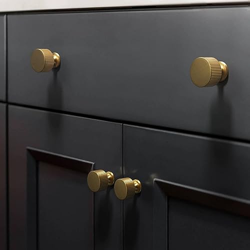 6 Pack 1 Inch Solid Brass Cabinet Knobs - Gold Brushed Finish Drawer Pulls