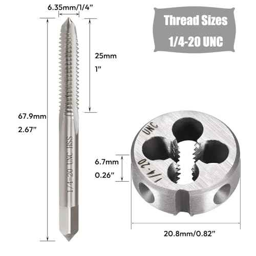 2pcs 1/4"-20 UNC Tap and Die Set, 1/4 x 20 UNC HSS Threading Tap Die Set, Straight Flute Machine Tap Alloy Tool Steel Round Thread Die Right Hand, Screw Tapping Threading Tool